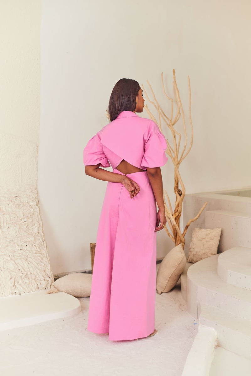 Pink Poplin Wrap-Front Maxi Dress with Front Slit