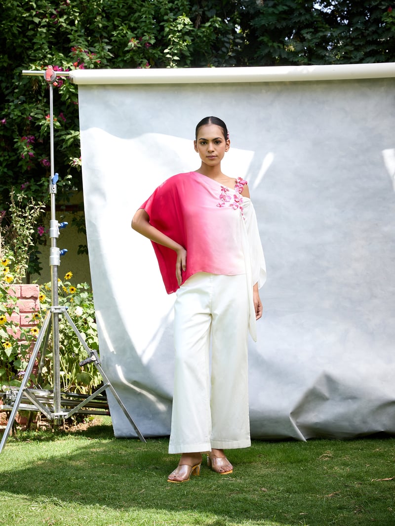 White Pink Ombre Kaftan Top with 3D Floral Embroidery