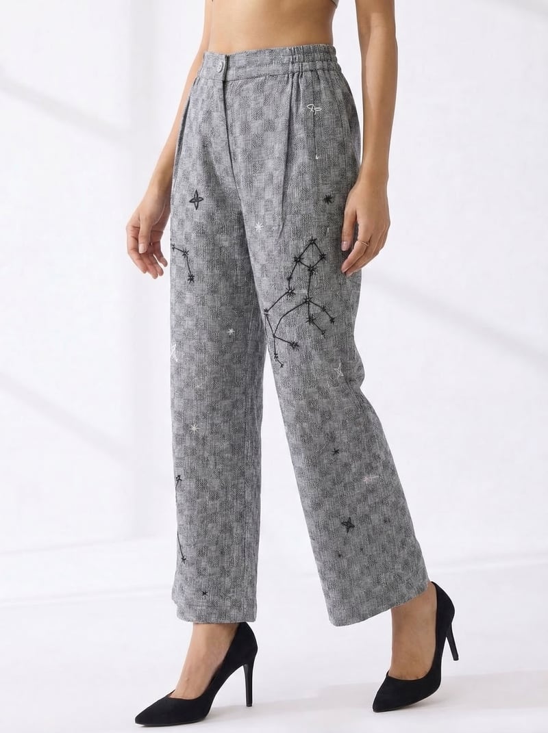 Adjustable-Waist Pleated Hand Embroidered Wide-Leg Trouser