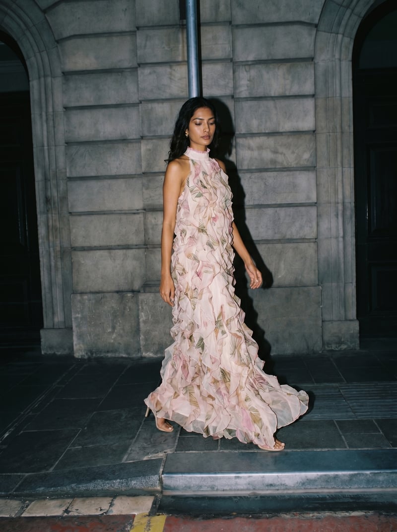 Pink Floral Chiffon Ruffle Maxi Gown
