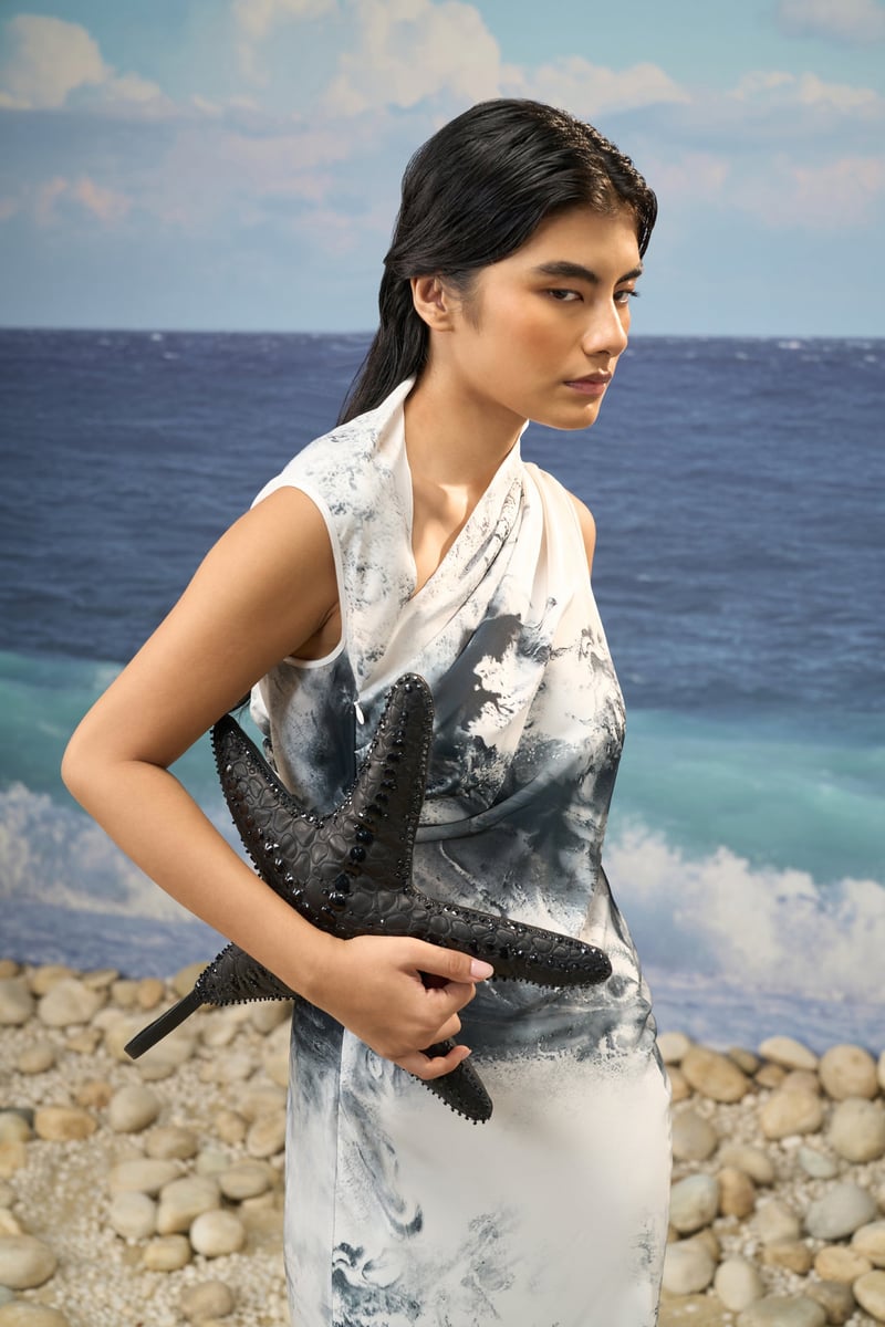 Black/White Abstract Print High-Neck Satin Maxi Dress