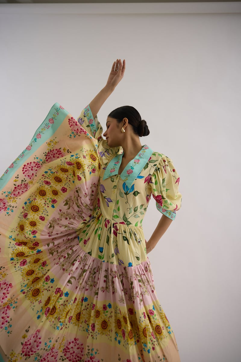 Yellow Floral Tiered Midi Shirt Dress with Contrast Collar