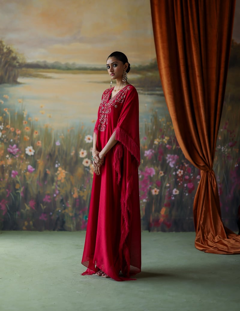 Scarlet Embroidered Silk Chanderi Kaftan Set