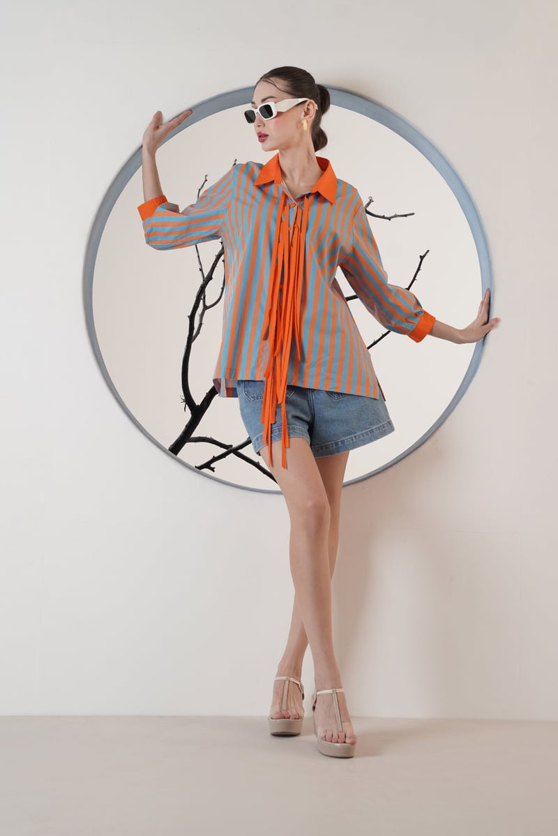 Blue and Orange Striped Tie-Front Collared Shirt