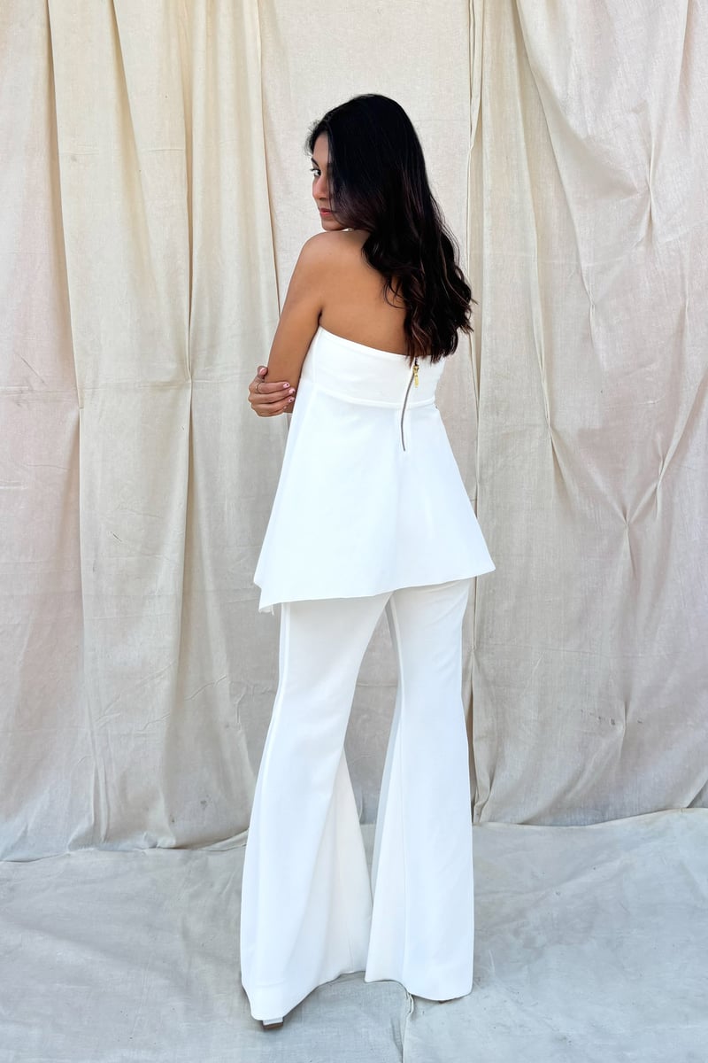 White High-Waist Bell Bottom Trousers with Side Zip