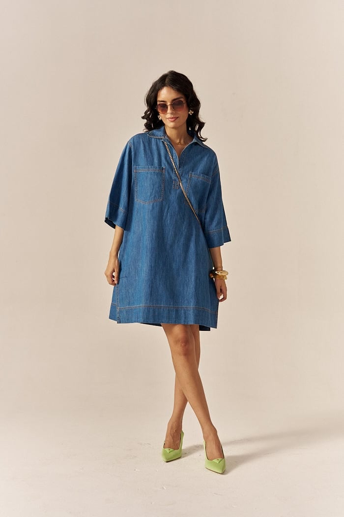 Blue Cotton Slub Denim Relaxed Mini Shirt Dress