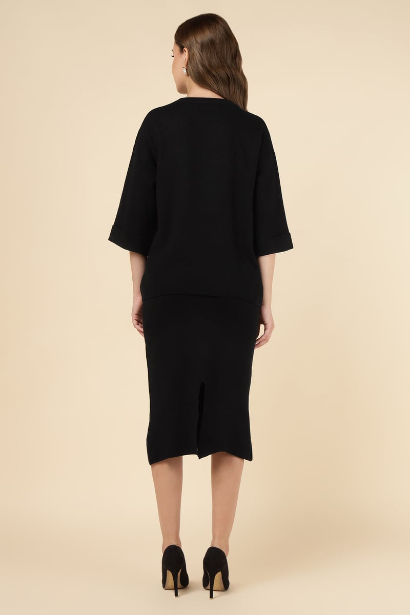 Black Graphic Knit Top and Midi Skirt Co-ord Set