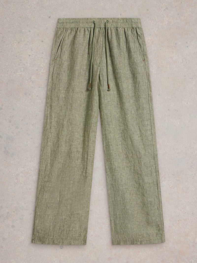 Mid Green Linen Wide-Leg Drawstring Trousers