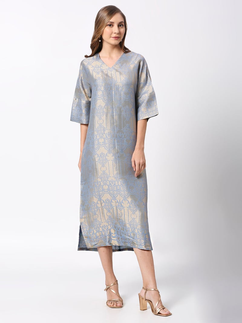 Blue Metallic Brocade Tunic Midi Dress