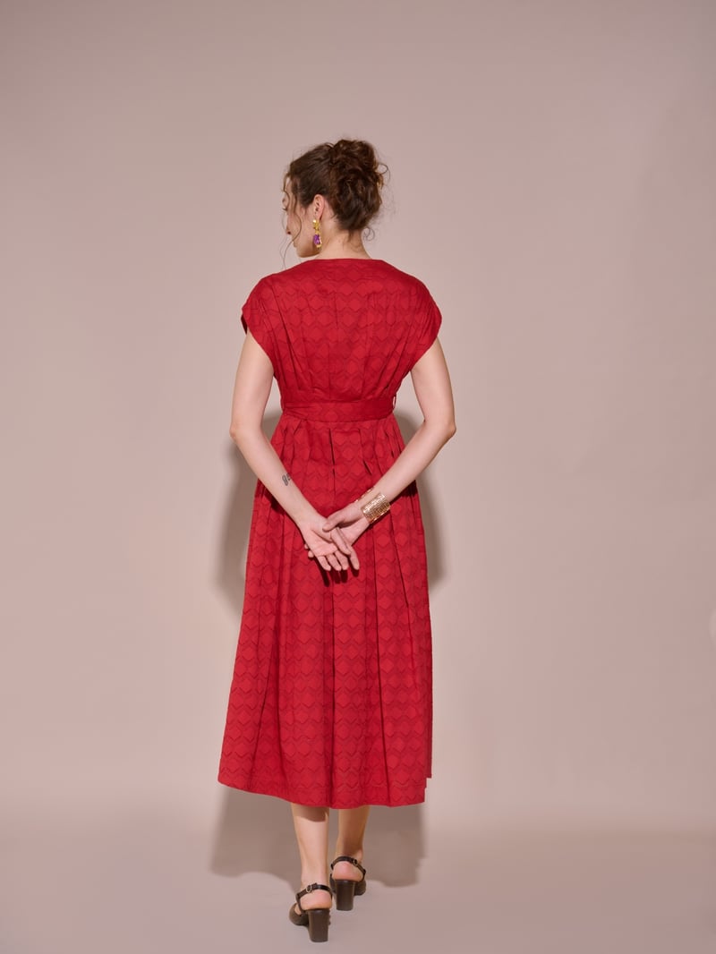 Red Textured Fit and Flare Midi Dress with Waist Sash