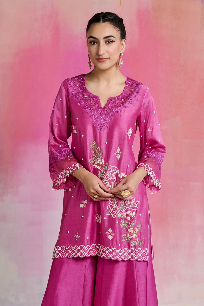 Fuchsia Chanderi Embroidered Kurta Sharara Set with Dupatta