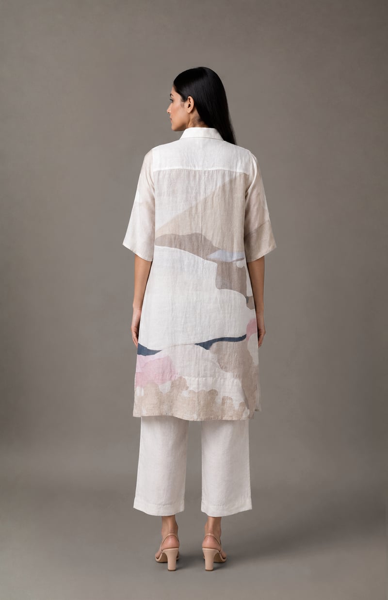 White/Beige Abstract Print Shirt and Pant Co-ord Set