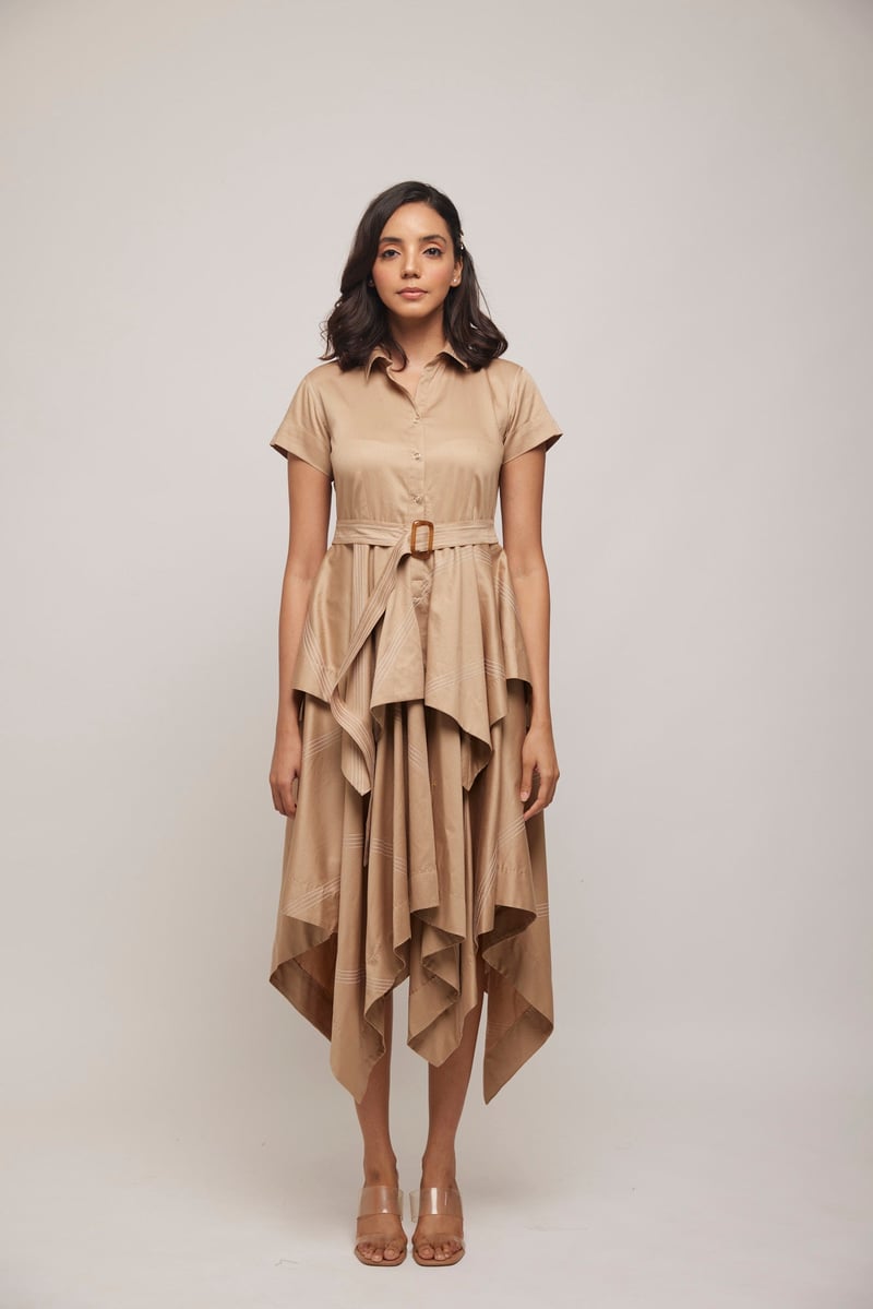 Beige-Gold Asymmetrical Layered Shirtdress with Belt