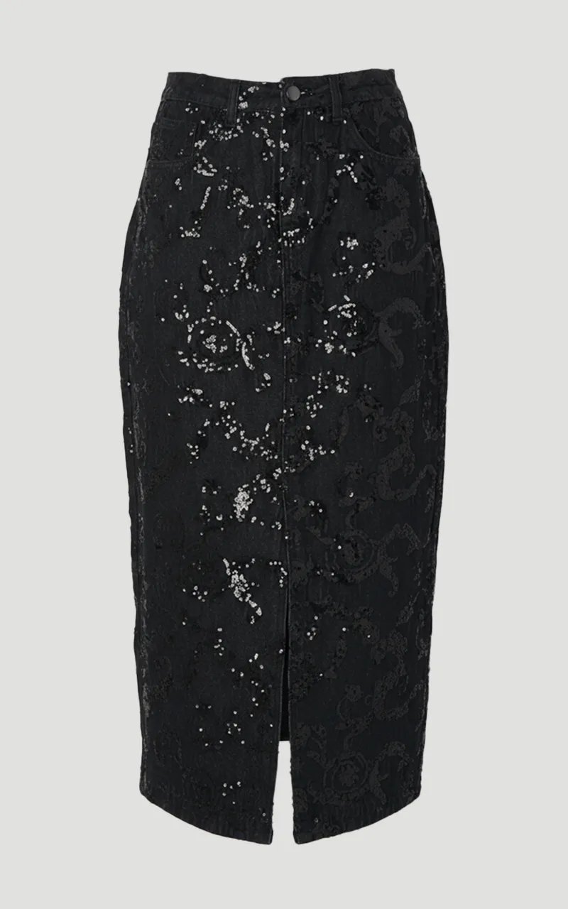 Black Sequin Floral Midi Pencil Skirt with Front Slit