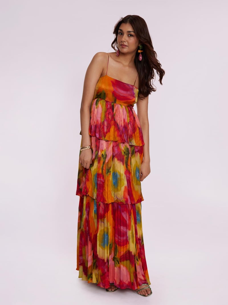 Multicolor Abstract Print Tiered Ruffle Maxi Dress