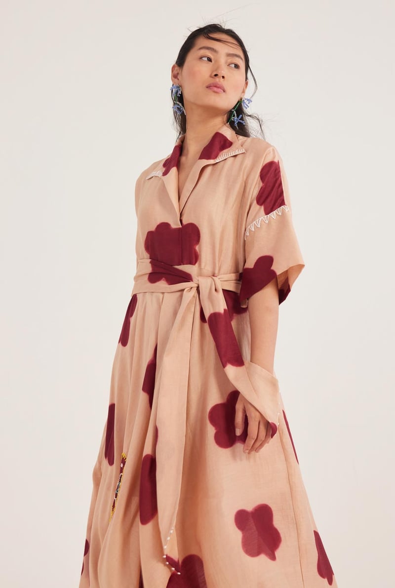 Beige Printed Chanderi Maxi Dress with Tie Belt