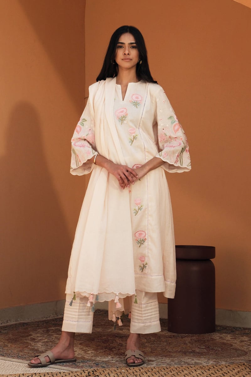 Soft Pink Mul Mul Embroidered Kurta Set with Dupatta