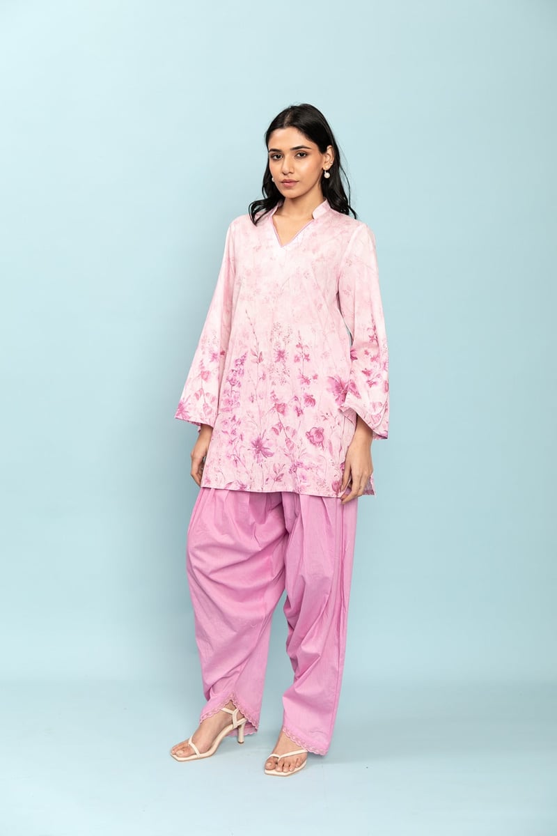 Pastel Pink Floral Printed Cotton Kurta Set with Salwar