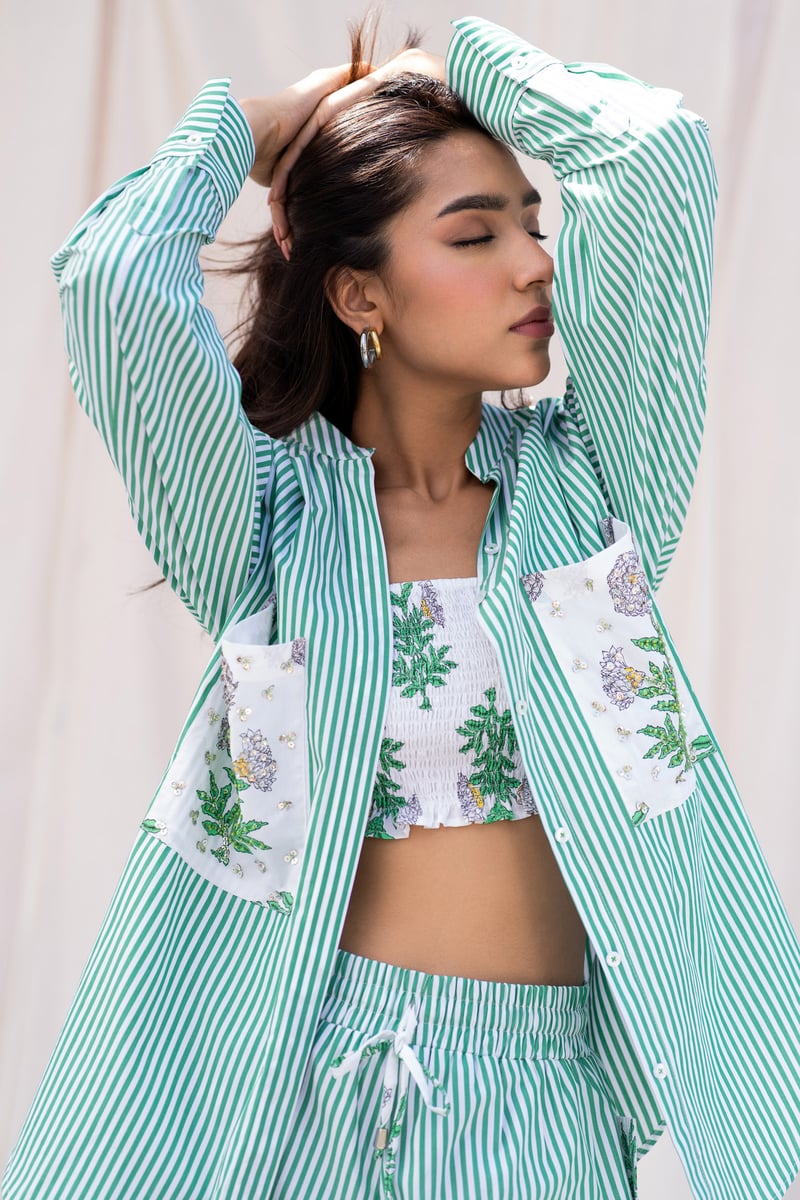 Green and White Striped Oversized Shirt with Embroidered Pockets