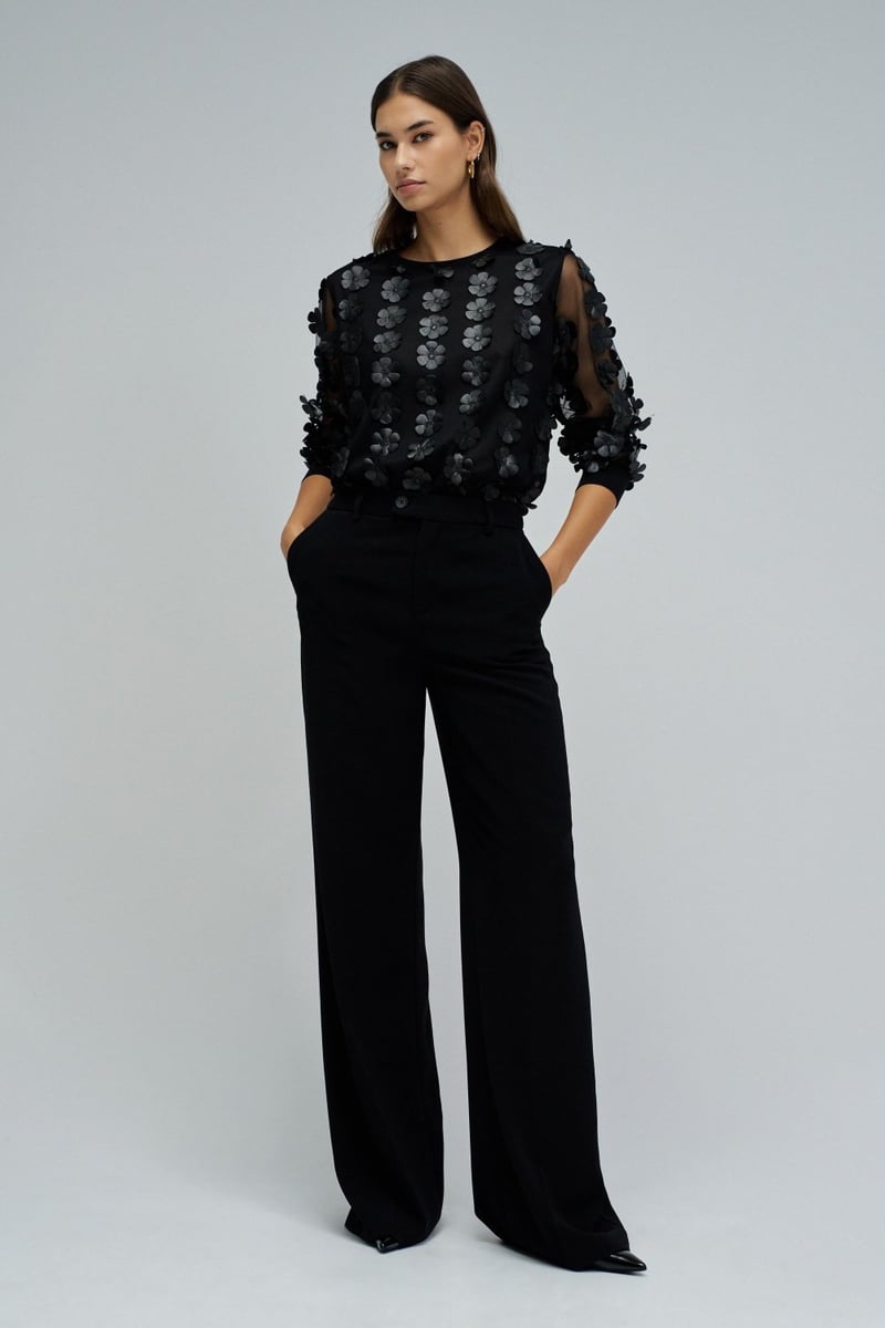 Black Mesh 3D Floral Applique Pullover Sweatshirt