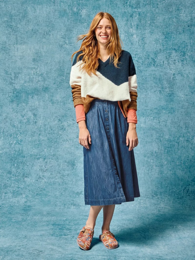 Mid Denim Button-Through A-Line Midi Skirt with Pockets