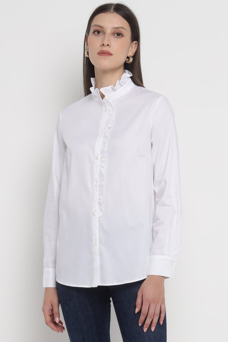 White Ruffle-Placket Cotton Shirt