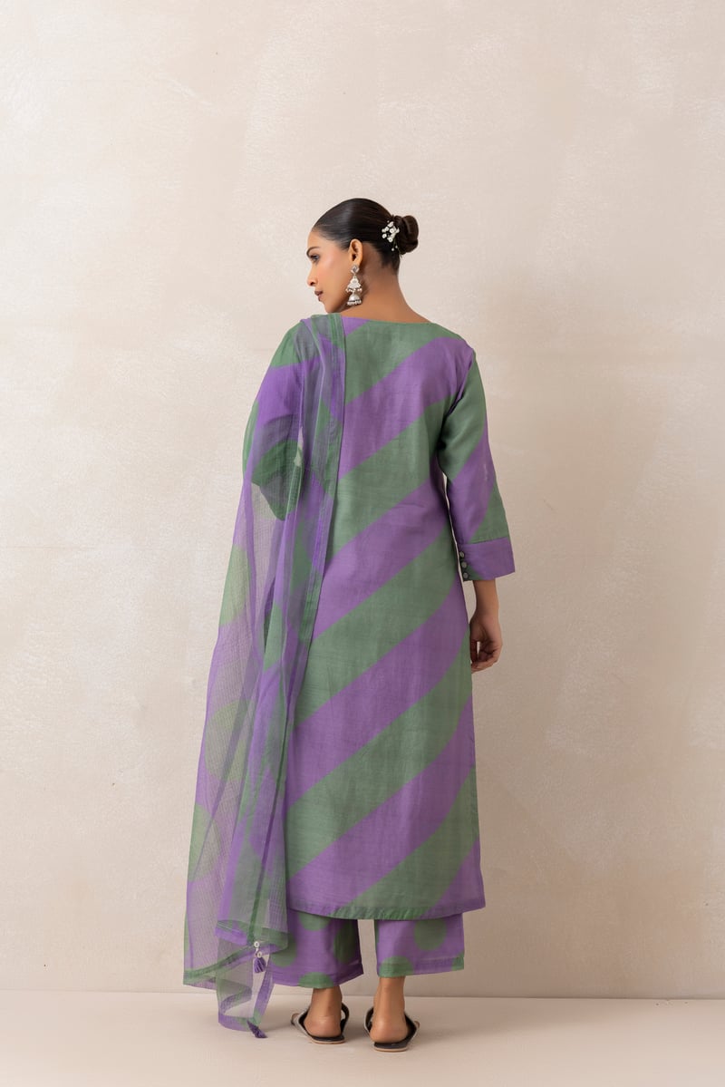 Purple and Green Printed Straight Kurta Set with Dupatta