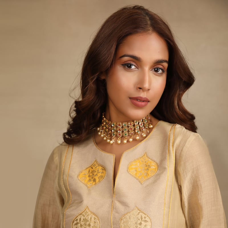 Beige Yellow Silk Chanderi Anarkali Kurta Set