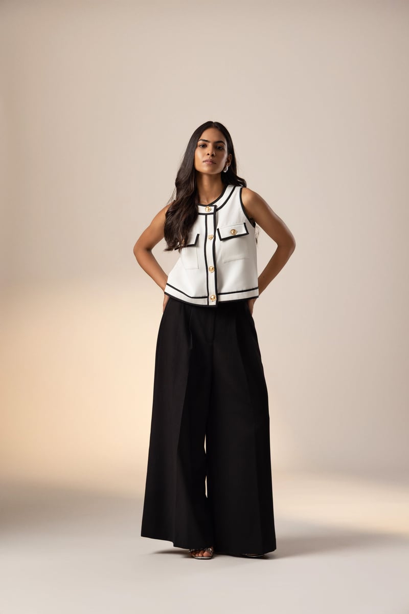 White Crepe Sleeveless A-Line Top with Contrast Piping