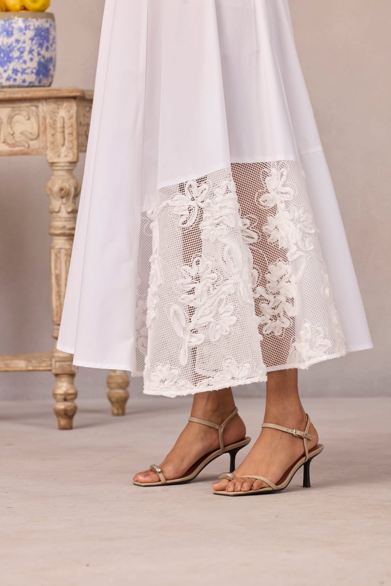 Bright White Panelled Flared Midi Skirt with Floral Applique