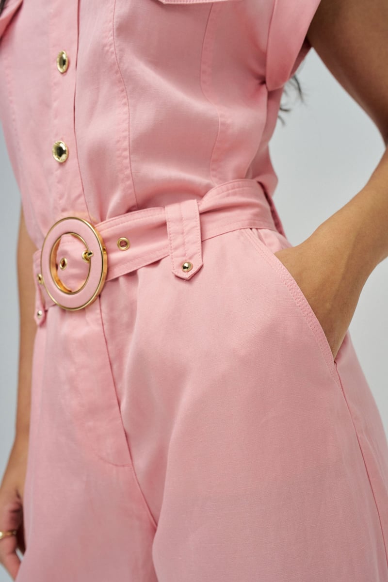 Medium Pink Light Denim Button-Front Belted Jumpsuit