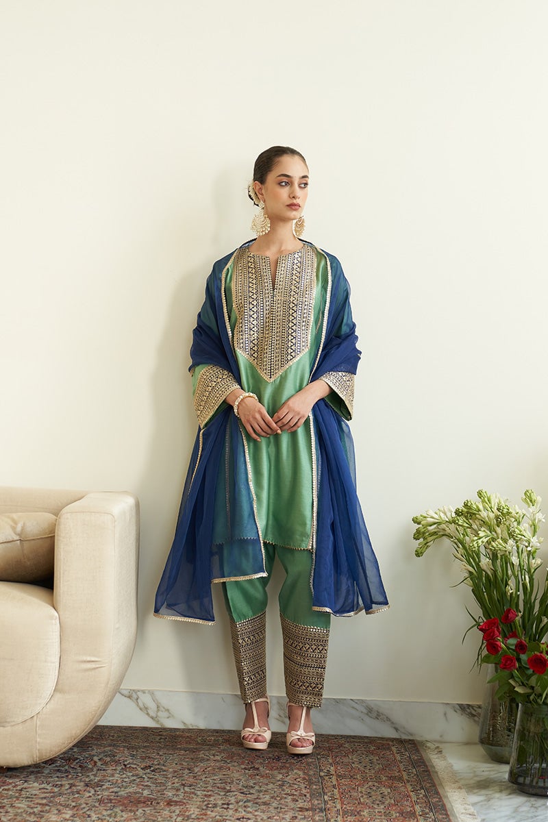 Green Silk Chanderi Kurta Set with Navy Dupatta