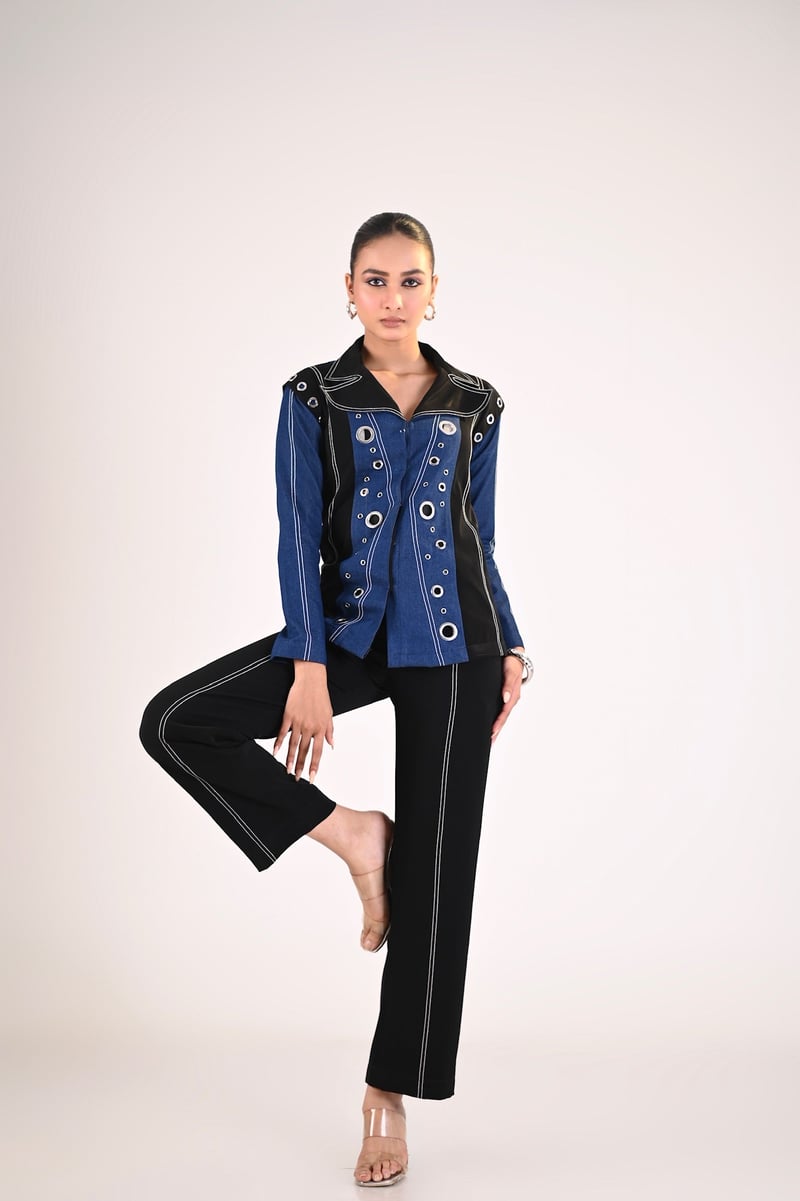 Black and Blue Denim Colorblock Button-Front Shirt