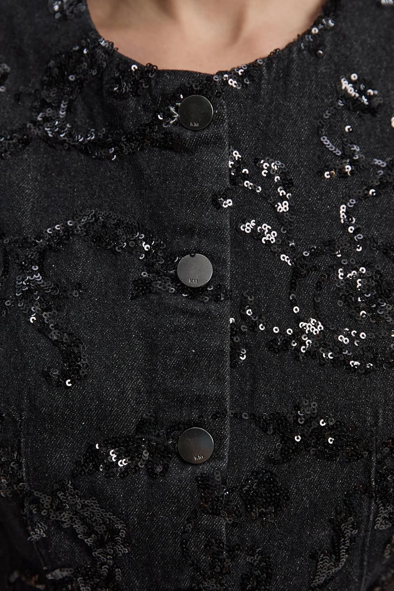 Black Sequin Button-Front Sleeveless Tailored Top