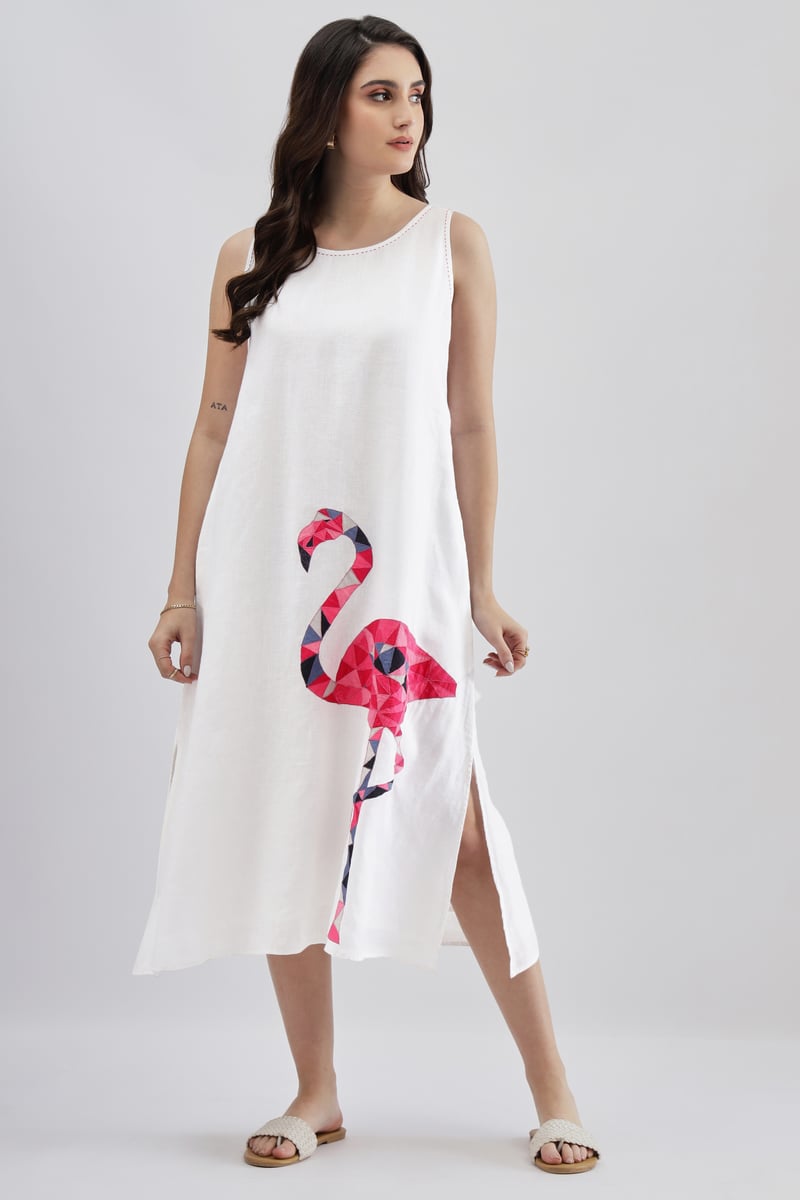 White Linen Sleeveless Midi Dress with Flamingo Motif