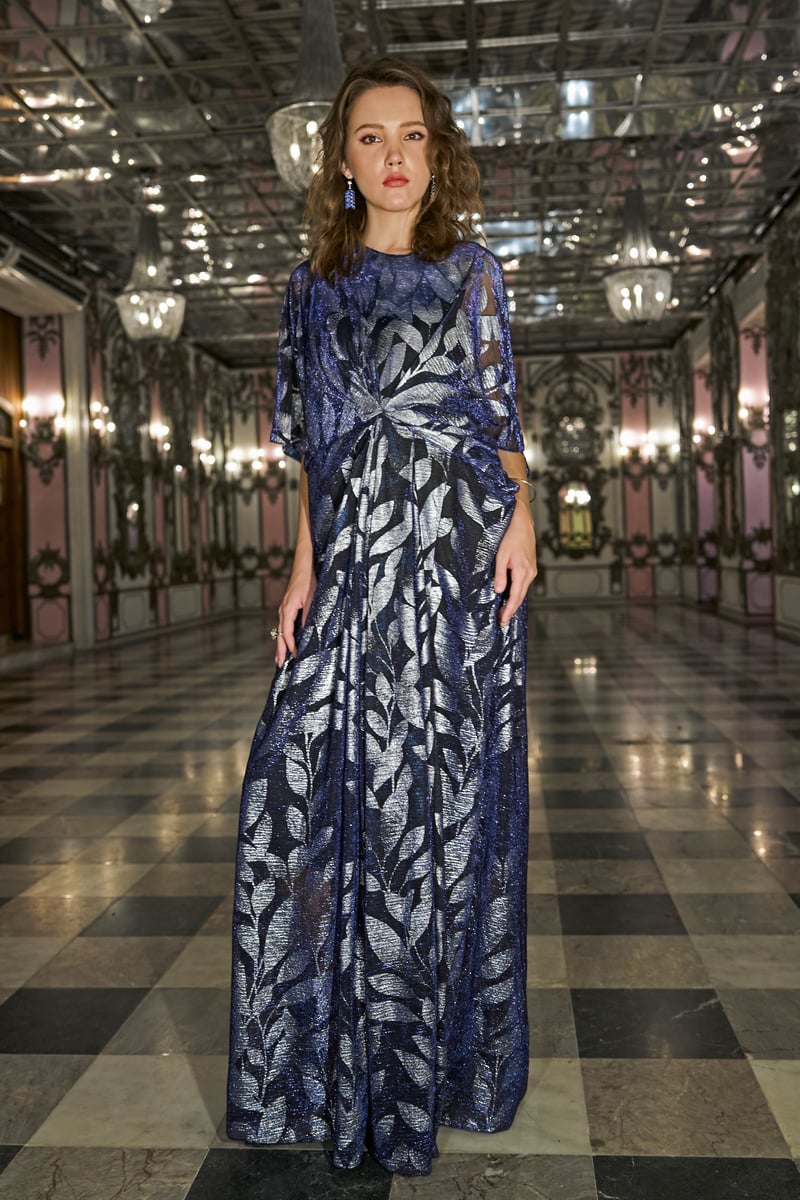 Navy Metallic Leaf-Print Draped Maxi Kaftan