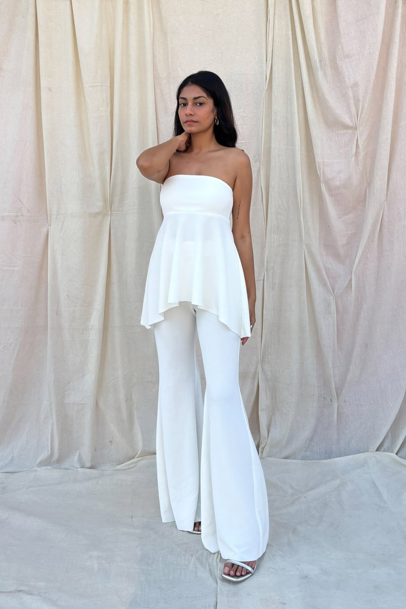 White High-Waist Bell Bottom Trousers with Side Zip