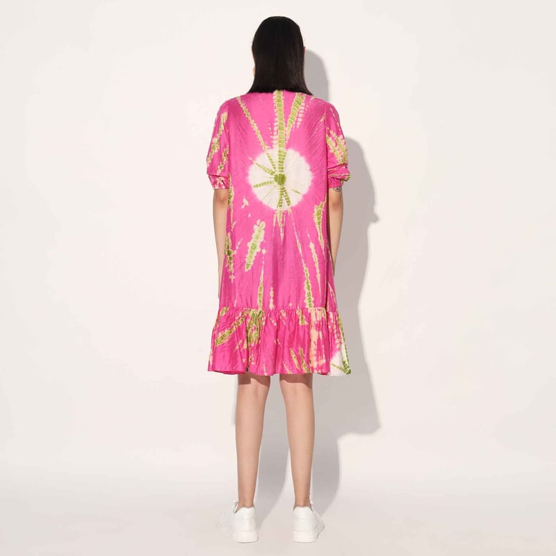 Pink Tie-Dye Tiered Knee-Length Dress