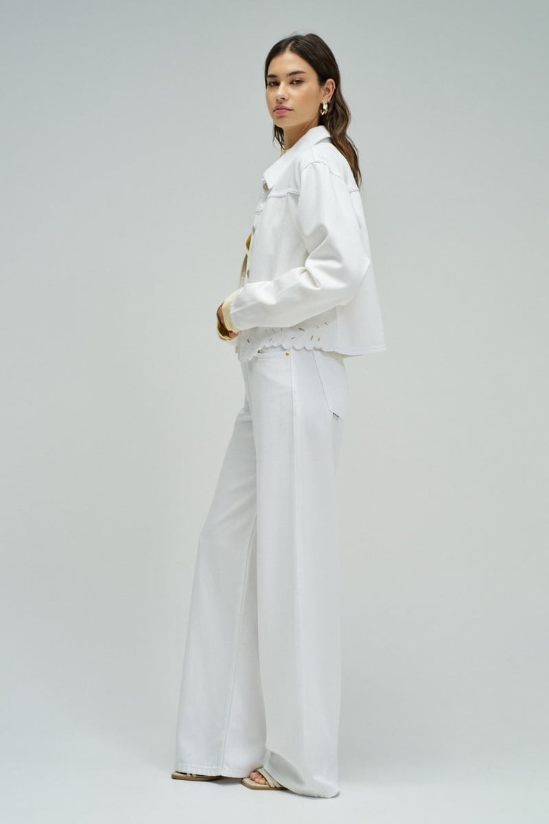 White Cropped Button-Front Jacket with Cutwork Hem
