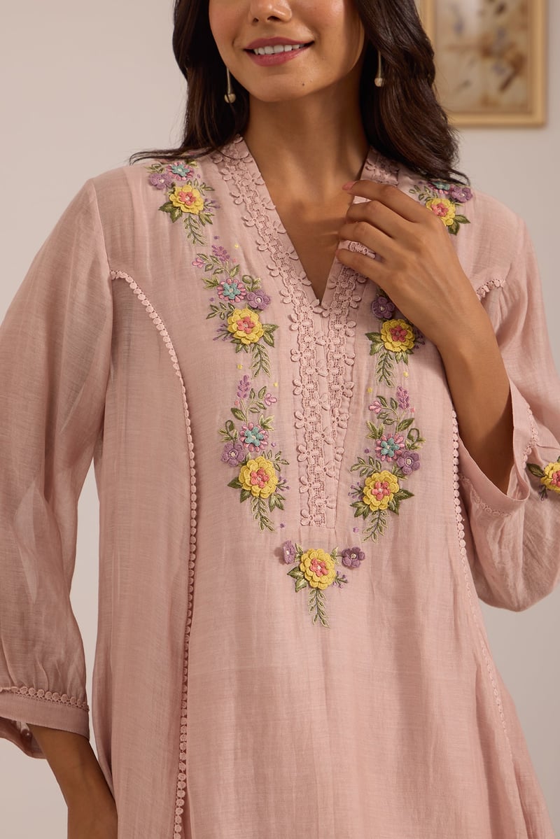 Lilac High-Low Flared Embroidered Kurta Set