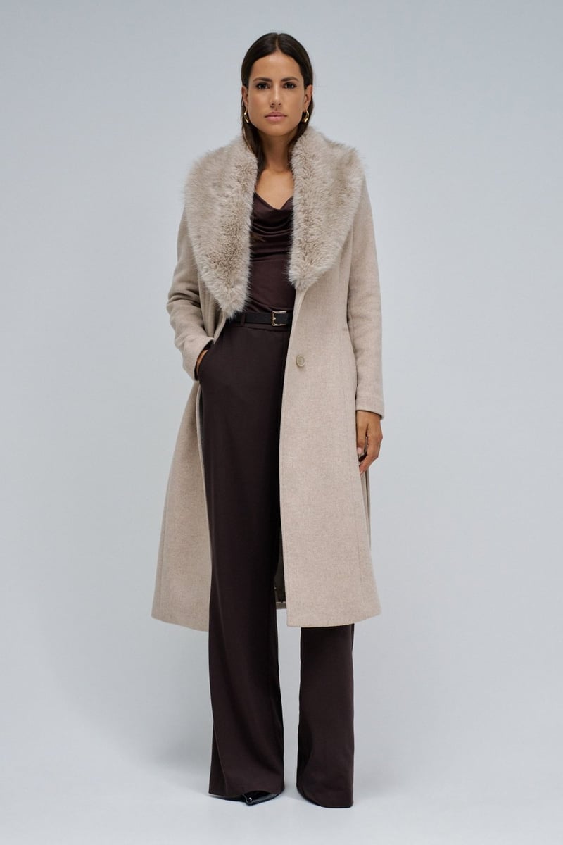 Long Wool Coat W/ Faux Fur and Belt