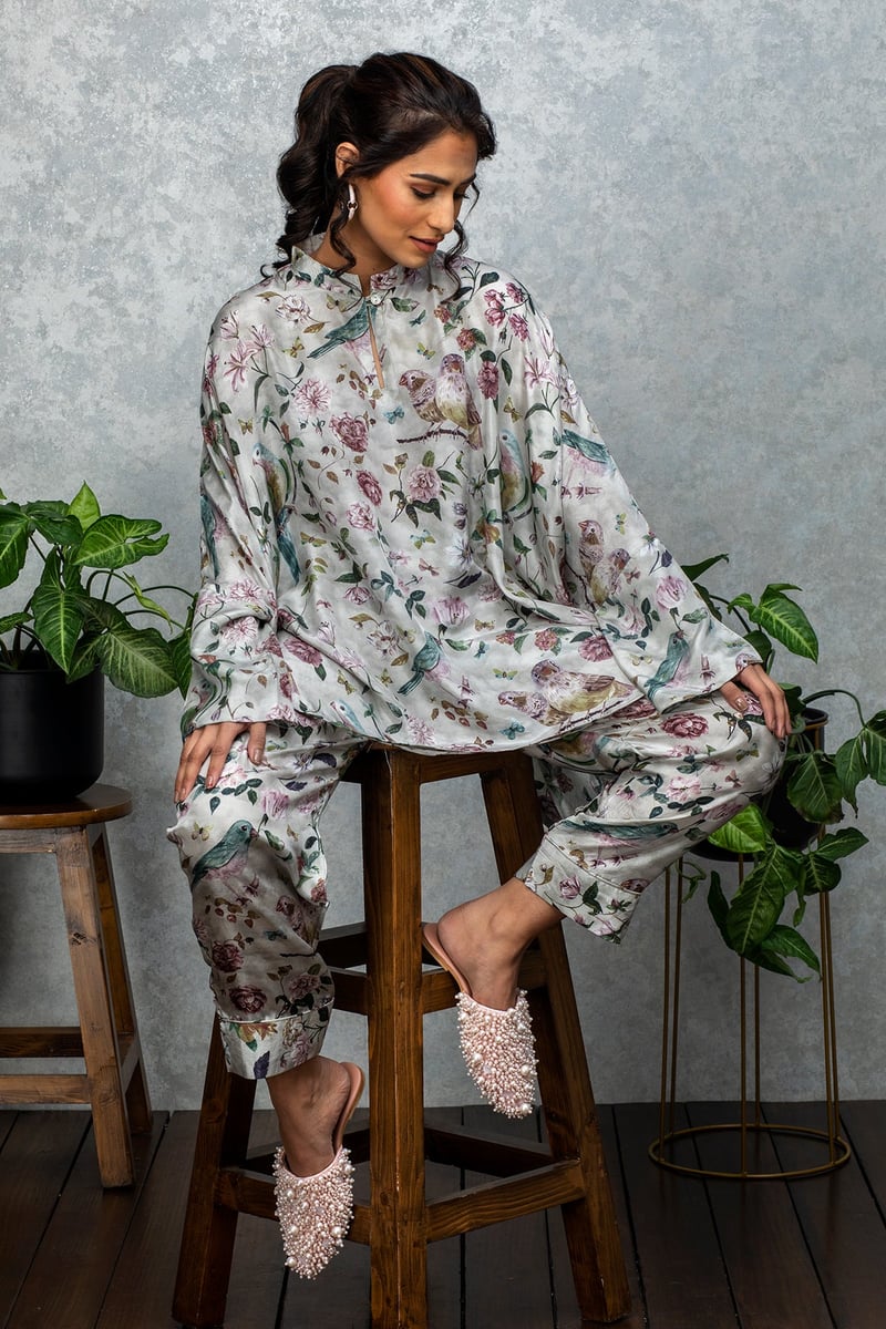 Grey/Multicolor Printed Silk Co-ord Set