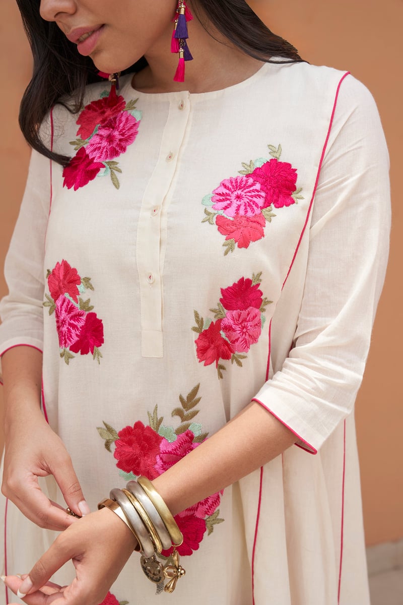 Ivory A-Line Embroidered Kurta Set with Dupatta
