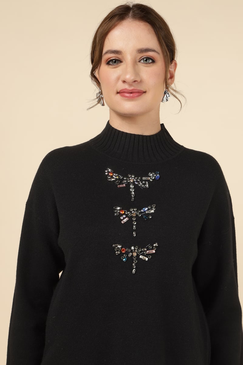 Black High Neck Crystal Embellished Pullover Sweater