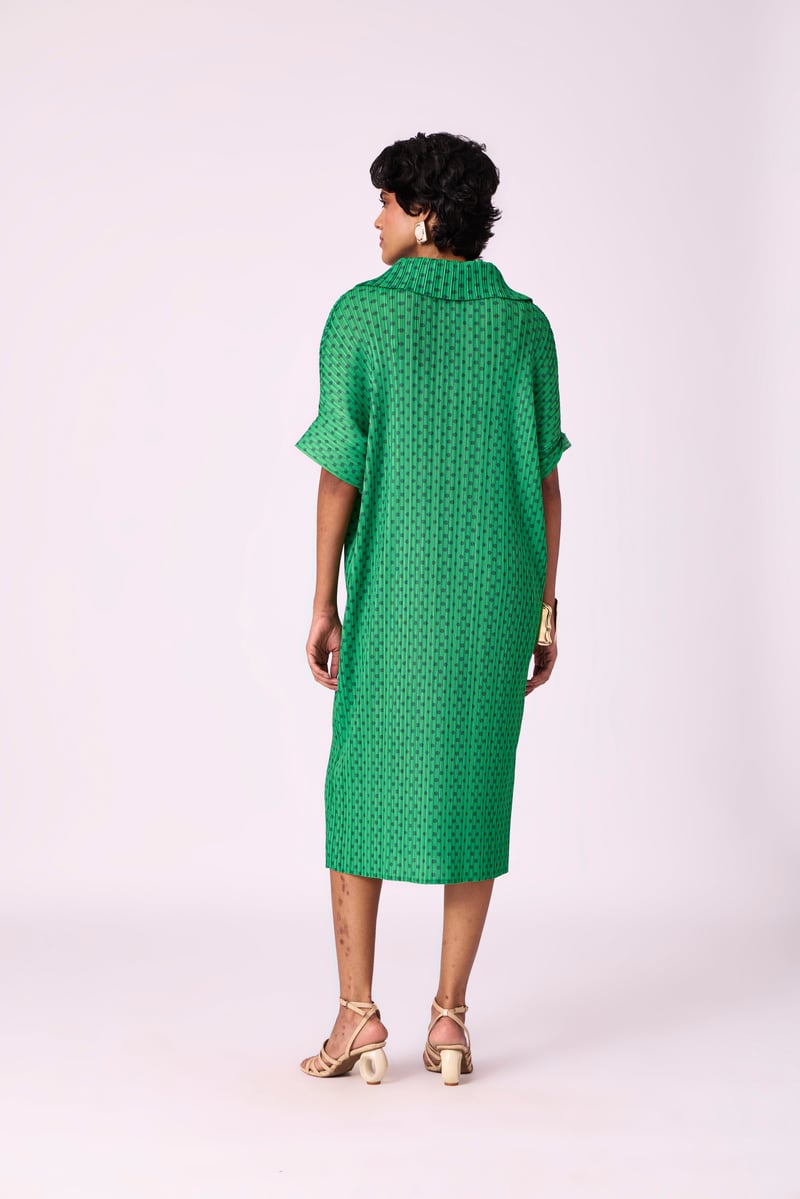 Green Pleated Printed Midi Shirt Dress