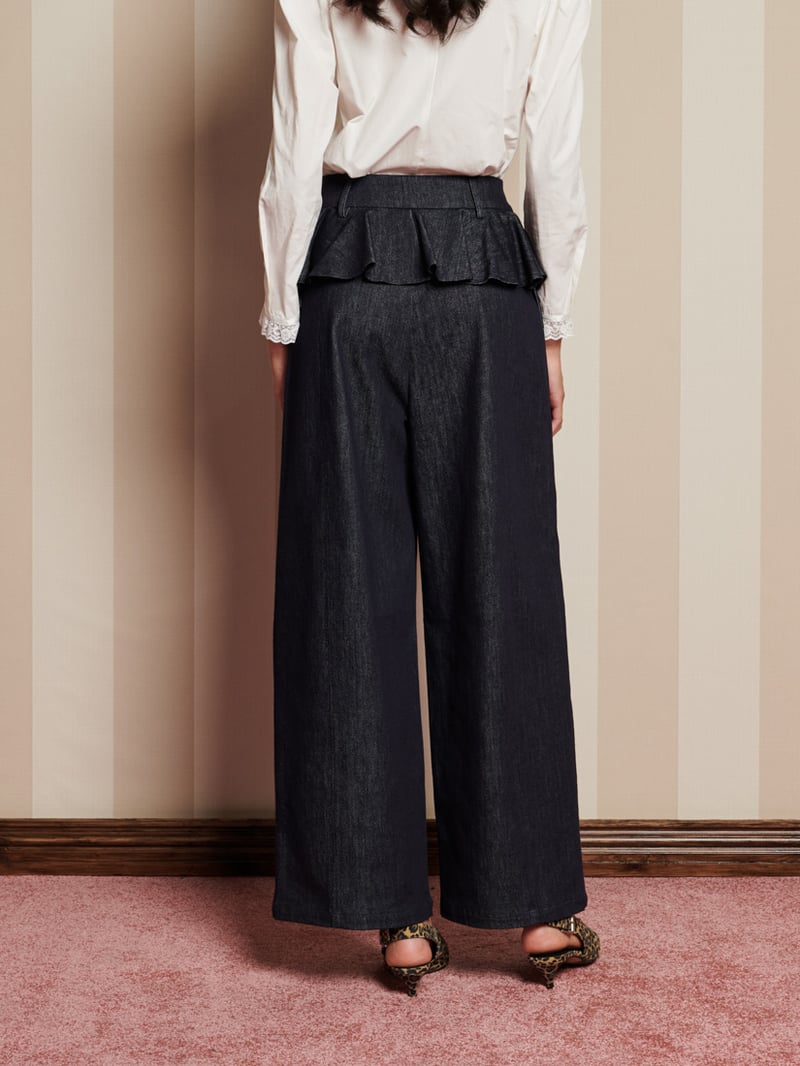 Dark Denim High-Waist Peplum Wide-Leg Trousers