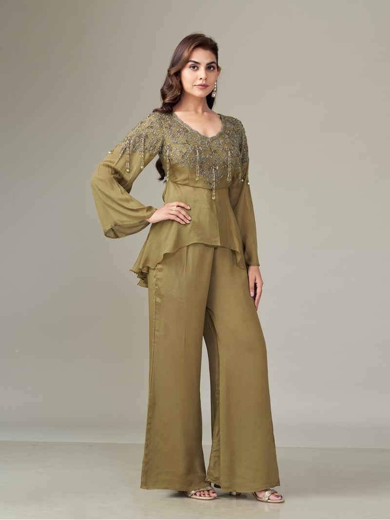 Olive Gold Chiffon Embroidered Co-ord Set