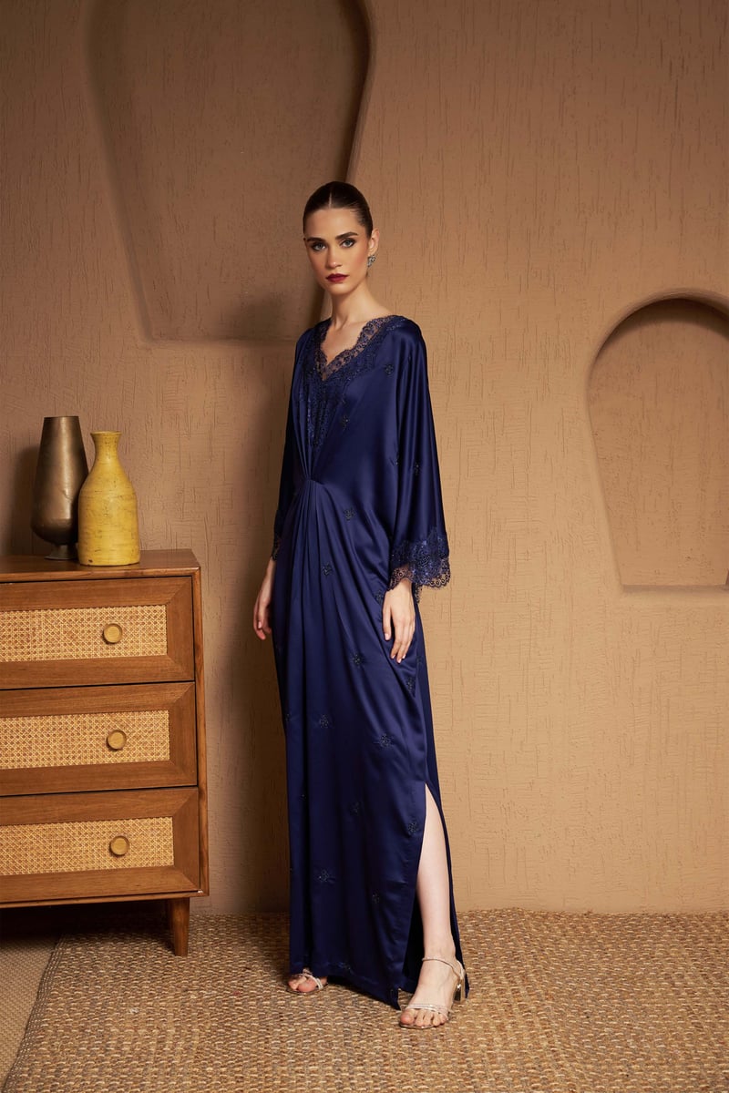 Navy Blue Italian Satin Lace-Trim Maxi Kaftan