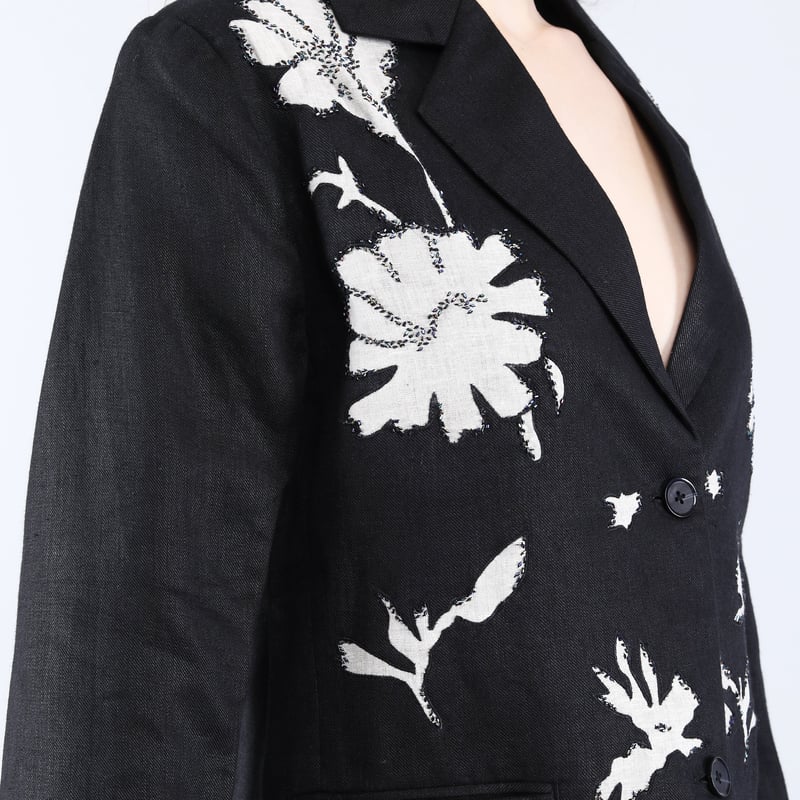 Black Linen Twill Applique Embroidered Blazer
