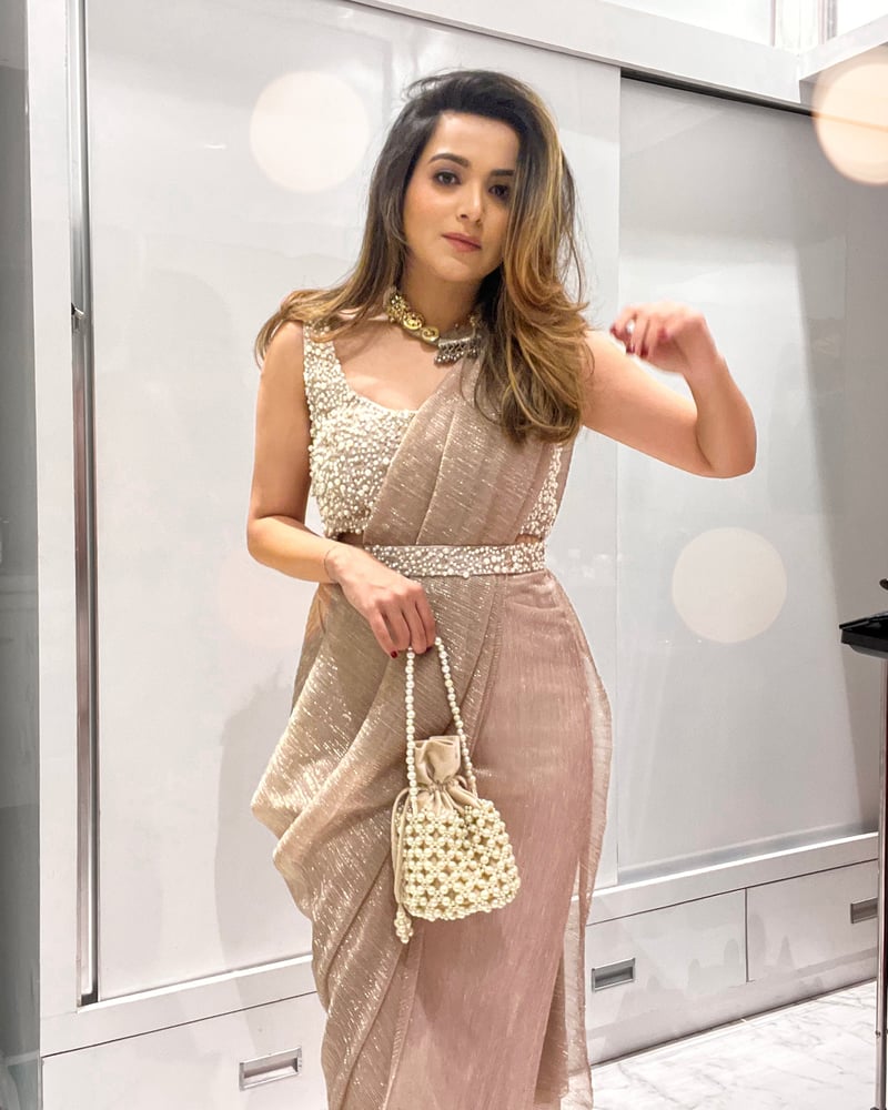 Rose Gold Shimmer Pre-Draped Saree Set with Pearl Belt